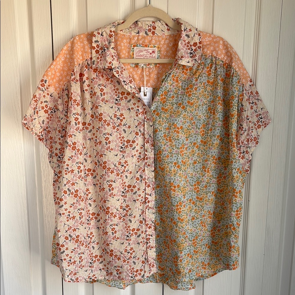 American Eagle Mixed Print Floral Patchwork Butto… - image 1